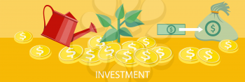 Money tree with coins watered from a watering can. Investment concept. Concept in flat design style. Can be used for web banners, marketing and promotional materials, presentation templates