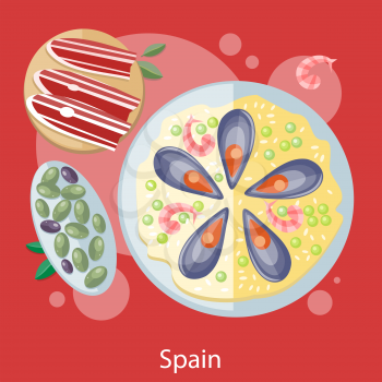 Paella traditional Spanish meal with rice and seafood. Spain food concept in flat design