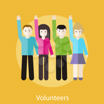 Volunteer group raising hands against. Concept in flat design style. Can be used for web banners, marketing and promotional materials, presentation templates