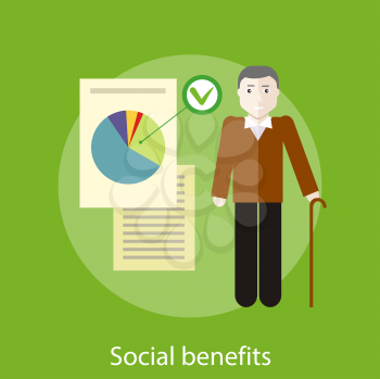 Grandpa with documents of social benefits. Concept in flat design style. Can be used for web banners, marketing and promotional materials, presentation templates