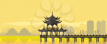 The flat design of the building in an asian style near the water in yellow. China National Building