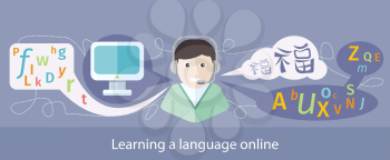 Flat image of teaching foreign languages on the internet online assistant on your computer