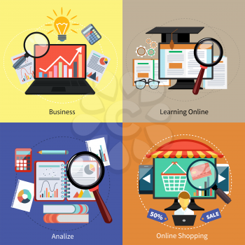 Flat design concept of learning online, online shopping, analize and business modern icons set on four multicolor banners
