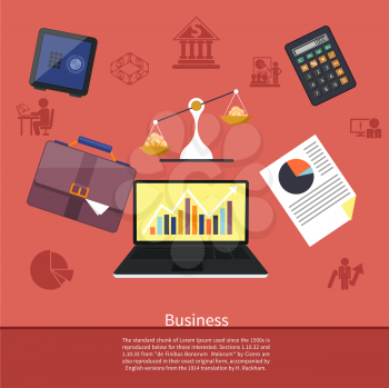 Background with various business elements such as safe, scales with coins, briefcase, calculator and laptop with stock graph. Flat icon modern design style concept 
