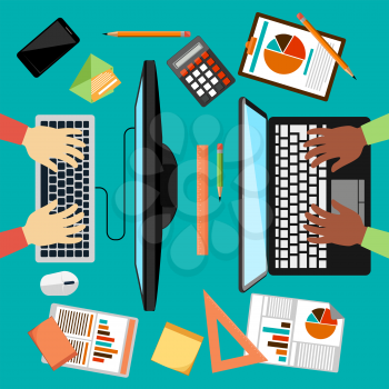 Top view of workplace hands with laptop, notebook, pencils, stationery pc and documents in flat design