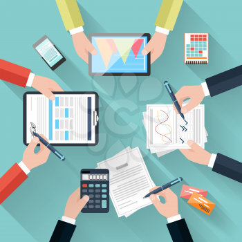 Top view of businessman hands working on tablet, writing in a diary, holding calculator and pen in flat design