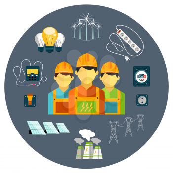 Flat design concept of power station energy icons with electrician team
