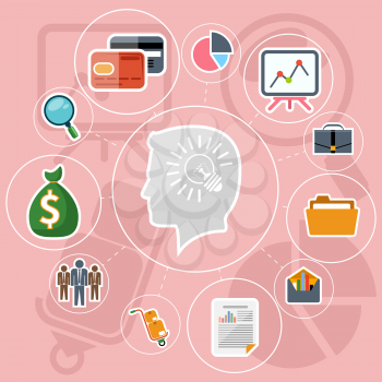 Set of flat design icons with shining light bulb inside head of businessman surrounded business pictograms
