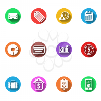 Set of 12 circle flat design icons for business, finance, management activities with long shadow on white background