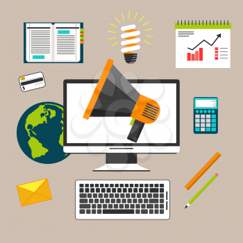 Business concept for marketing work tools with computer, megaphone and various of business and office icons