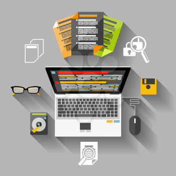 Concept in flat design for workplace organization of financier and manager with laptop, browser, graph, and glasses on gray background