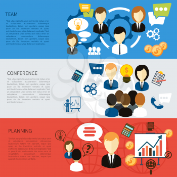 Flat design concept of best team, planning company, business and conference item icons on multicolor banners