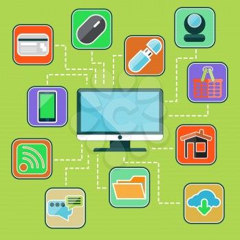 Flat design icon set with computer monitor surrounded icons of usb devices, web services, data transmission, mobile gadgets on green background