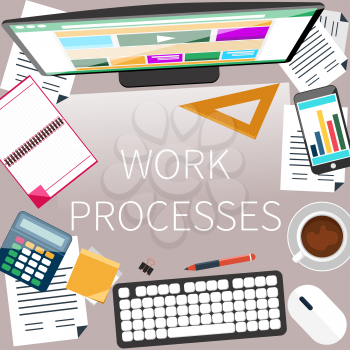 Work process concept with top view of office desk with keyboard, calculator, stationery and personal accessories of businessman
