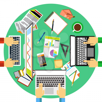Concept of working process and workplace organization for business team. Top view of desk with businessman hands, laptops, computer, documents and different office objects in flat design