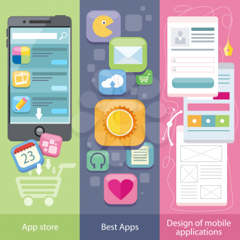 Set of icons on banners with concepts of app store, best apps and design mobile applications in flat design style. Purchase applications, commenting and rating application, development web page of app