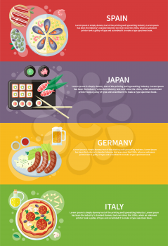 Oktoberfest germany food. Paella traditional Spanish meal with rice and seafood. Spain food concept. Italian food. Pizza with its ingredients. Japanese sushi traditional japanese food. Concept in flat