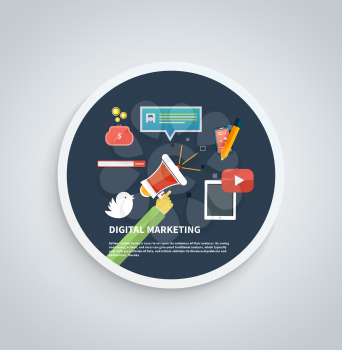 Icons for marketing. Digital marketing concept. Flat design stylish megaphone with application icons. Can be used for web banners, marketing and promotional materials, presentation templates 