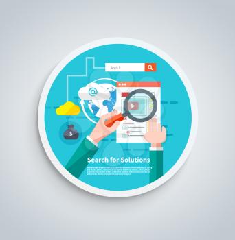 Search for solutions infographics. Hand holding classic styled magnifying glass and analyze website in flat design style on round banner
