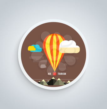 Hot air balloon flying over the mountain. Icons of traveling, planning a summer vacation, tourism and journey objects on round banner
