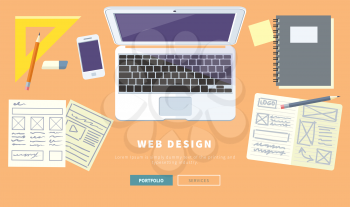Designer office workspace with tools and devices in modern flat style. Creative process, logo, web and graphic design, design agency. Top view banner