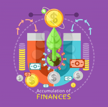 Accumulation of finances concept of a magnet attracting golden coins from one side to the other. Concept in flat design 
