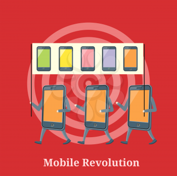 Icon of smartphones demonstration with placards and slogans concept. Mobile revolution. Concept in flat design style. Can be used for web banners, marketing and promotional materials, presentation tem