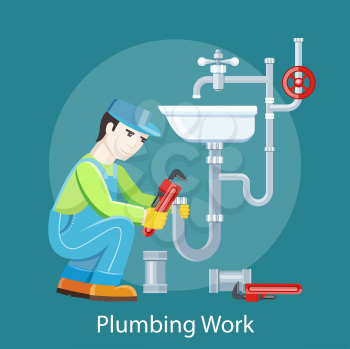 Plumbing work. Sanitary works. Plumber and wrench. Engineer character. Plumber repairing a pipe under a sink. Flat icon modern design style concept 
