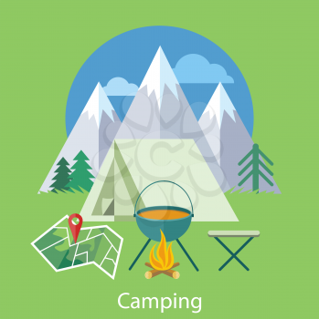The Camping tent near the fire and mountains in the background with trees. Can be used for web banners, marketing and promotional materials, presentation templates 