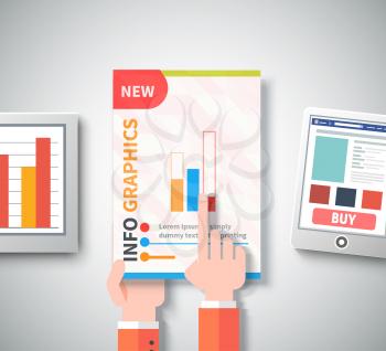 Hands with new infographic business brochures banners analitics, strategy. Modern stylized graphics data visualization. Web banners marketing and promotional materials, flyers, presentation templates