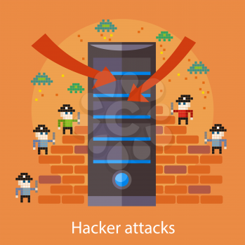 Hackers attaks activity. Computer hacking, internet security concept in flat design. Pirates attacking server in pixel style. For web banners, marketing promotional materials, presentation templates 