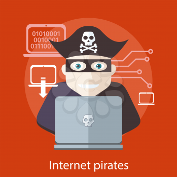 Pirate attacking with a knife a laptop computer as internet pirate. Can be used for web banners, marketing and promotional materials, presentation templates 