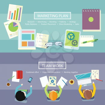 Team work coworking concept. Co-working item icons. Business meeting top view in flat design. Notebook with text marketing plan, research, advertising, branding, publicity, strategy, public relations