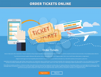 Buy ticket online concept. Online ticket ordering. Mobile phone and airplane. Banner with text and buttons registration and about us