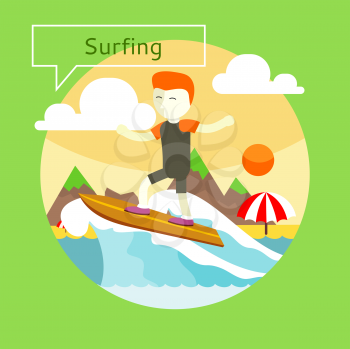 Man surfer on blue ocean wave in tube getting barreled in flat design. Can be used for web banners, marketing and promotional materials, presentation templates 