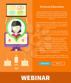Webinare, distance education and learning. Online courses in web school. Knowledge and information. Study process. E-learning concept. Banners in flat design with place for text