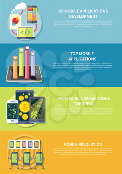 Smartphone with columns rated mobile applications. Top Apps mobile applications. Smartphones demonstration with placards and slogans. Dollar money phone concept.  Mobile application development