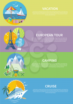 European traveling tour on banner. Traveling, planning summer vacation, tourism and journey objects and passenger luggage in flat design. Cruise ship in clear water palm tree. Camping tent near fire