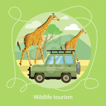 Wildlife Tourism. Jeep on the background of the mountains near the giraffes in the savanna. Icon of Traveling, Vacation. For web banners, marketing and promotional materials, presentation templates 