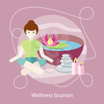 Wellness tourism. Woman sitting in the lotus position in a beauty and spa salon. For web banners, marketing and promotional materials, presentation templates 