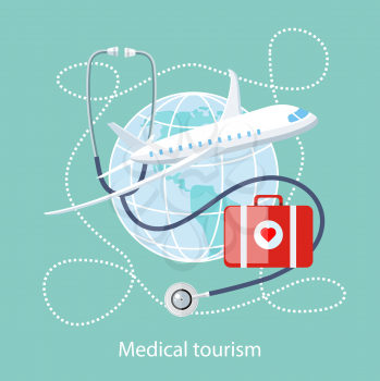 Flat design style modern concept of medical services abroad, along with the rest. Medical stethoscope around the globe, airplane and doctor bag with a red heart. Medical Tourism