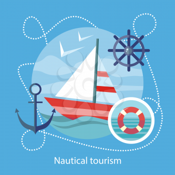Sailing vessel in clear blue water. Nautical tourism. Icons of traveling, planning summer vacation, tourism. For web banners, marketing and promotional materials, presentation templates 