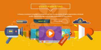 Video Marketing. Approaches, methods and measures to promote products and services based on video. Business concept for web banner, presentation. Working with digital content and advertising. 
