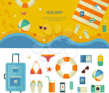 Summertime traveling template with beach summer accessories, illustration and icon set flat design of traveling, holiday. For web banners, promotional materials, presentation templates