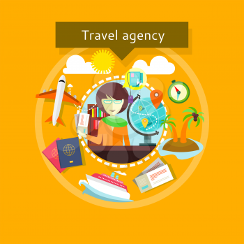 Concept of Travel agency. Lady agent with tickets in her hands and types of travel around. For web site construction, mobile applications, banners, corporate brochures, book covers, layouts etc.