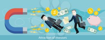 Attraction of investors. Detailed flat horizontal web banner of the drawing two businessmen, which the magnet pulls, on the stylish colored background with piggy, bank notes, coins