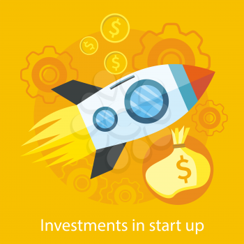 Investments in start up. Launching new product or service. Start up rocket idea icon in flat design on the stylish colored background with coins.  For web design, analytics, graphic design  
