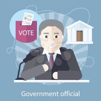 Government official at the table in front of a microphone on the stylish colored background. Activity field of freelancer. Flat design cartoon style for web design, analytics, graphic design 