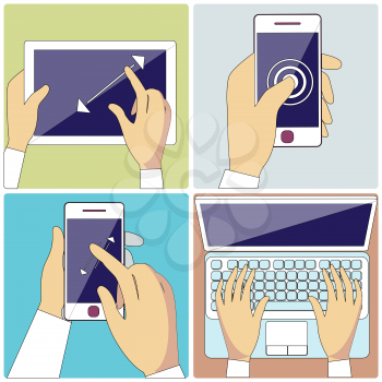 Set with hands typing on keyboard of laptop, hold smartphone showing some of multitouch gestures in flat design. Stroke icons concepts in monochrome colors. For web site construction, banners