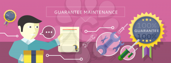 Concept to provide service guarantees maintenance. Man holding a document Guarantee on the purple background. For web banners, promotional materials, presentation templates